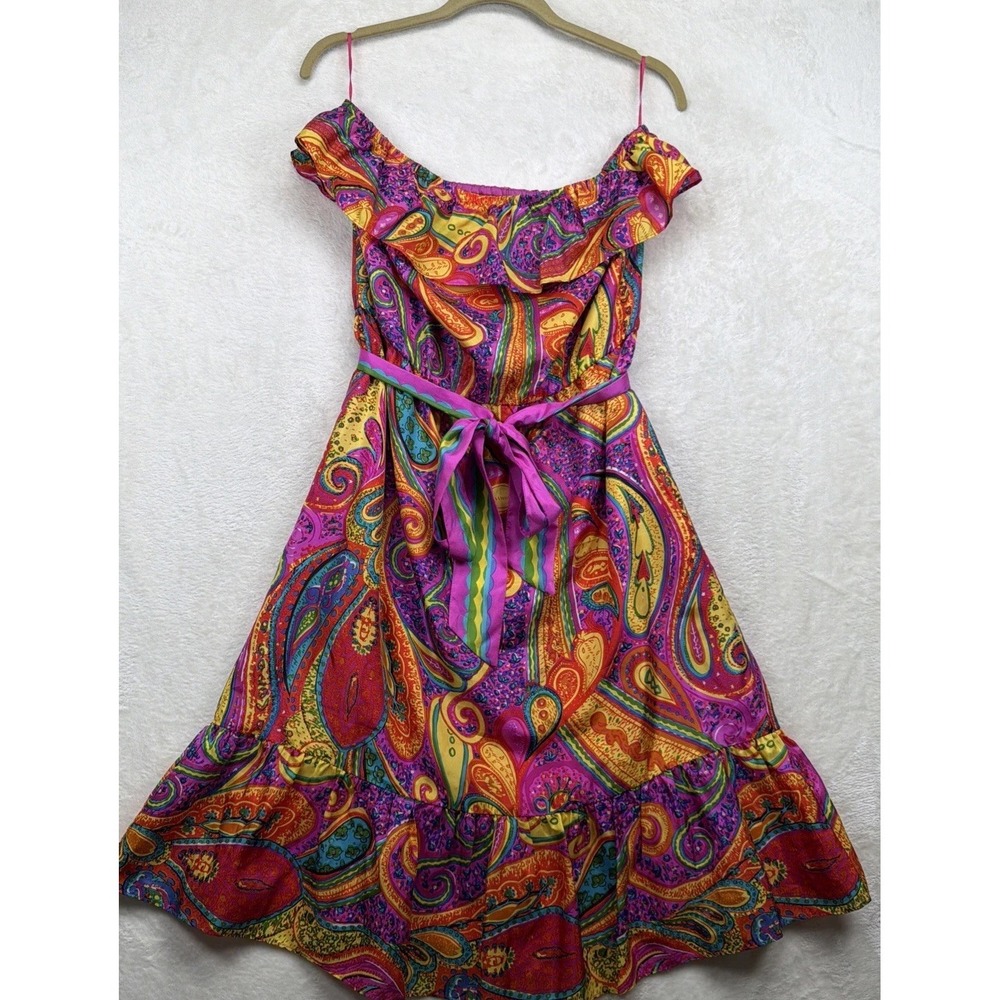 Trina Turk Silk Paisley Dress Women's 10 Fit Flare Belted Party Cocktail